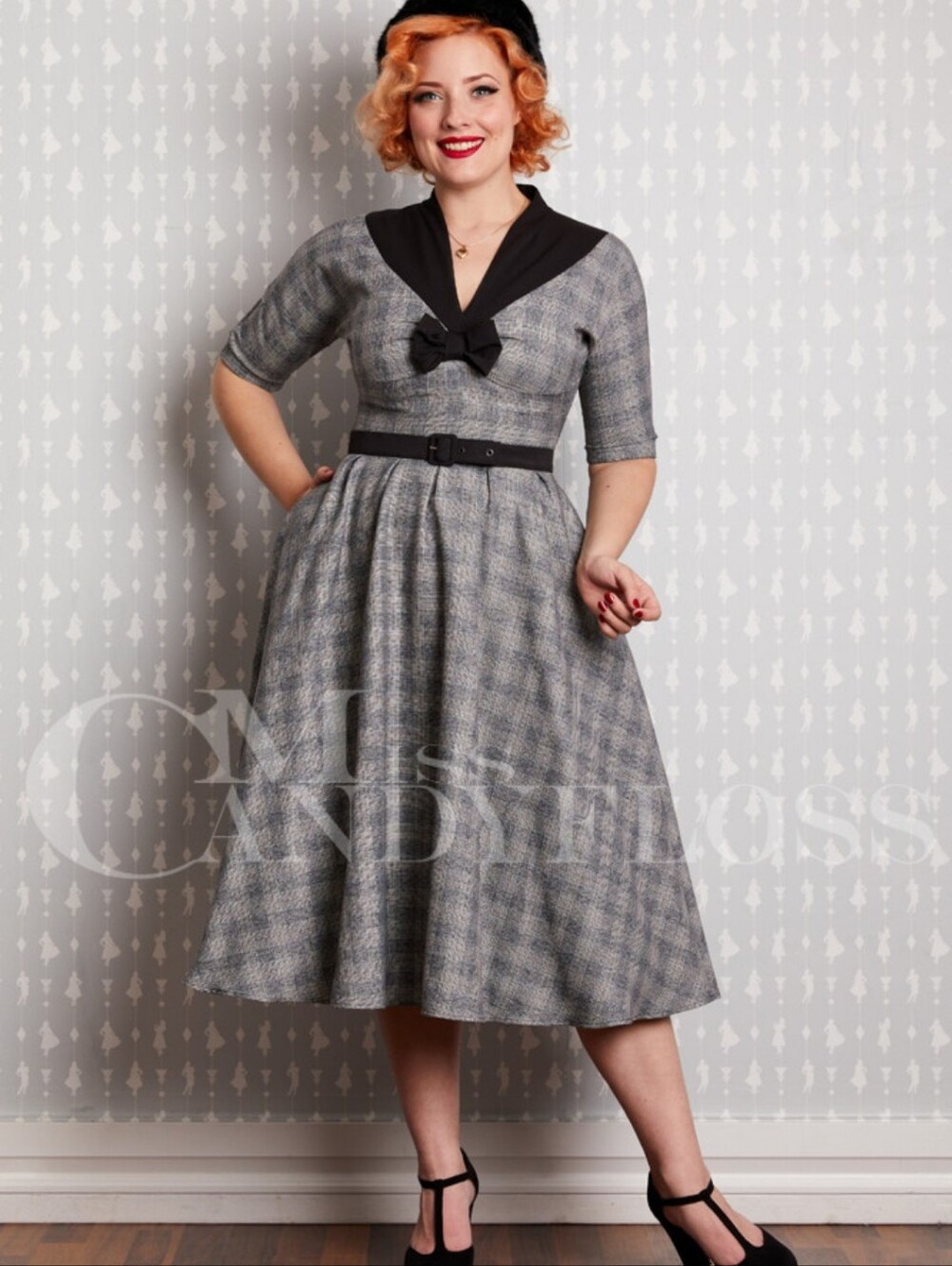 Miss Candyfloss Vintage-Inspired Gray Plaid Skirt with Black Accents Size L